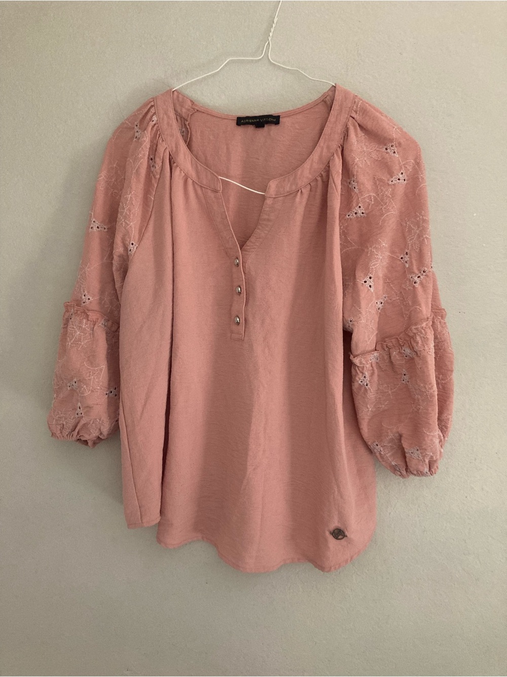 Adrienne Vittadini Dusty Rose Eyelet Puff Sleeve Henley Top